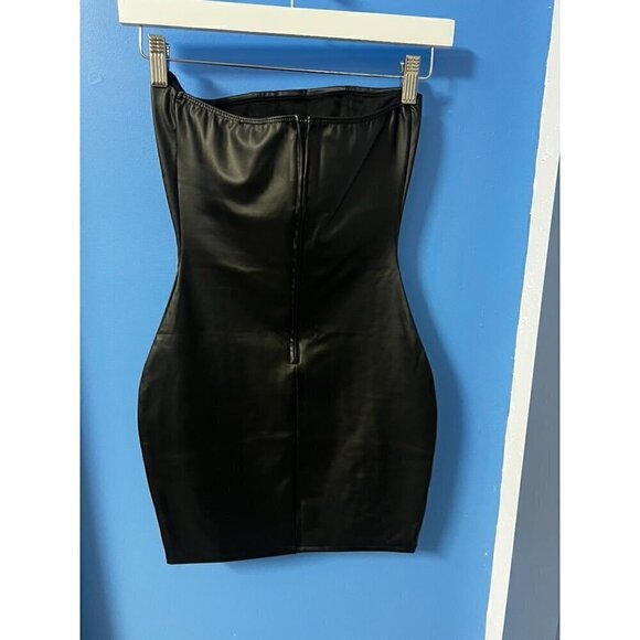 Windsor Strapless Black Faux Leather Bodycon Mini Dress With Back Zipper, RAVE S - Picture 7 of 9